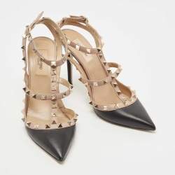 Pre Owned Valentino Black/Beige Leather Rockstud Pumps Size 38.5