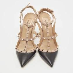 Pre Owned Valentino Black/Beige Leather Rockstud Pumps Size 38.5