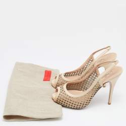Pre Owned Valentino Beige Lattice Leather And Mesh Studded Slingback Platform Pumps Size 39