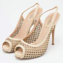 Pre Owned Valentino Beige Lattice Leather And Mesh Studded Slingback Platform Pumps Size 39