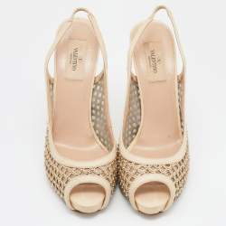 Pre Owned Valentino Beige Lattice Leather And Mesh Studded Slingback Platform Pumps Size 39