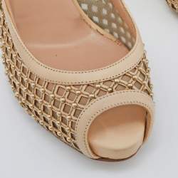Pre Owned Valentino Beige Lattice Leather And Mesh Studded Slingback Platform Pumps Size 39