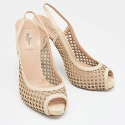 Pre Owned Valentino Beige Lattice Leather And Mesh Studded Slingback Platform Pumps Size 39