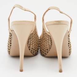 Pre Owned Valentino Beige Lattice Leather And Mesh Studded Slingback Platform Pumps Size 39