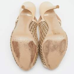 Pre Owned Valentino Beige Lattice Leather And Mesh Studded Slingback Platform Pumps Size 39