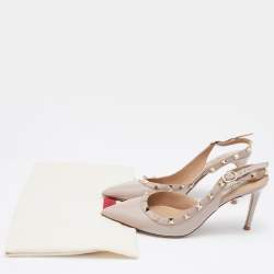Pre Owned Valentino Beige Patent and Leather Rockstud Slingback Pumps Size 37.5