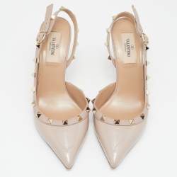 Pre Owned Valentino Beige Patent and Leather Rockstud Slingback Pumps Size 37.5