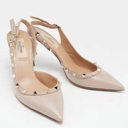 Pre Owned Valentino Beige Patent and Leather Rockstud Slingback Pumps Size 37.5