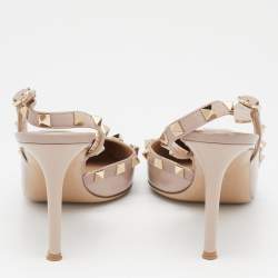 Pre Owned Valentino Beige Patent and Leather Rockstud Slingback Pumps Size 37.5