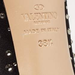 Pre Owned Valentino Black Crystal Embellished Satin Peep Toe Platform Pumps Size 38.5