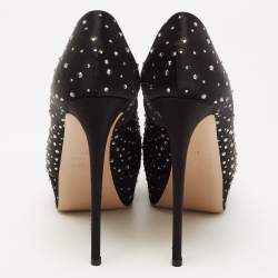 Pre Owned Valentino Black Crystal Embellished Satin Peep Toe Platform Pumps Size 38.5
