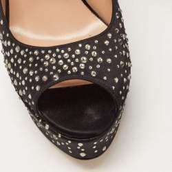 Pre Owned Valentino Black Crystal Embellished Satin Peep Toe Platform Pumps Size 38.5