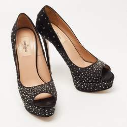 Pre Owned Valentino Black Crystal Embellished Satin Peep Toe Platform Pumps Size 38.5