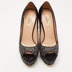 Pre Owned Valentino Black Crystal Embellished Satin Peep Toe Platform Pumps Size 38.5
