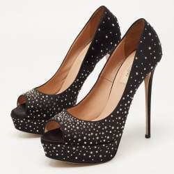 Pre Owned Valentino Black Crystal Embellished Satin Peep Toe Platform Pumps Size 38.5