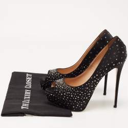 Pre Owned Valentino Black Crystal Embellished Satin Peep Toe Platform Pumps Size 38.5