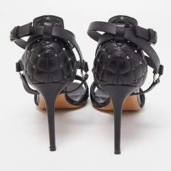 Pre Owned Valentino Black Leather Rockstud Ankle Strap Sandals Size 39