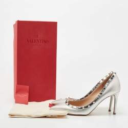Pre Owned Valentino Silver Foil Leather Rockstud Pointed Toe Pumps Size 37.5