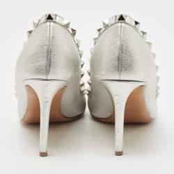 Pre Owned Valentino Silver Foil Leather Rockstud Pointed Toe Pumps Size 37.5
