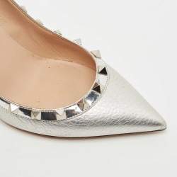 Pre Owned Valentino Silver Foil Leather Rockstud Pointed Toe Pumps Size 37.5