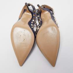 Pre Owned Valentino Navy Blue Leather Rockstud Ankle Strap Pumps Size 39