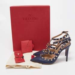 Pre Owned Valentino Navy Blue Leather Rockstud Ankle Strap Pumps Size 39