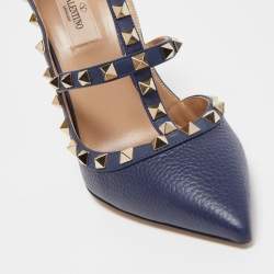 Pre Owned Valentino Navy Blue Leather Rockstud Ankle Strap Pumps Size 39