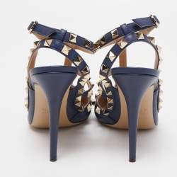 Pre Owned Valentino Navy Blue Leather Rockstud Ankle Strap Pumps Size 39