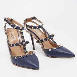 Pre Owned Valentino Navy Blue Leather Rockstud Ankle Strap Pumps Size 39