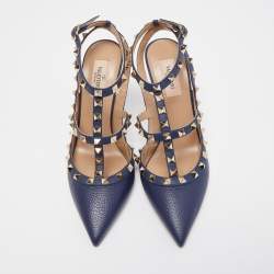 Pre Owned Valentino Navy Blue Leather Rockstud Ankle Strap Pumps Size 39