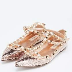 Valentino Gold Sequins and Leather  Rockstud Ballet Flats Size 37.5 