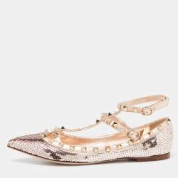 Valentino Gold Sequins and Leather  Rockstud Ballet Flats Size 37.5 