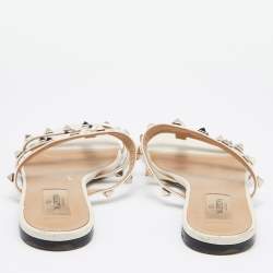 Pre Owned Valentino White Leather Rockstud Slide Flats Size 37