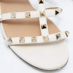 Pre Owned Valentino White Leather Rockstud Slide Flats Size 37