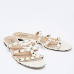 Pre Owned Valentino White Leather Rockstud Slide Flats Size 37