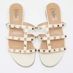 Pre Owned Valentino White Leather Rockstud Slide Flats Size 37