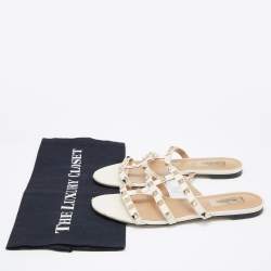 Pre Owned Valentino White Leather Rockstud Slide Flats Size 37