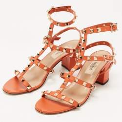 Pre Owned Valentino Orange Leather Rockstud Ankle Strap Sandals Size 36.5