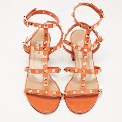 Pre Owned Valentino Orange Leather Rockstud Ankle Strap Sandals Size 36.5