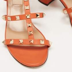 Pre Owned Valentino Orange Leather Rockstud Ankle Strap Sandals Size 36.5