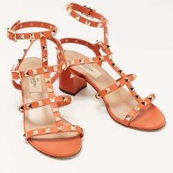 Pre Owned Valentino Orange Leather Rockstud Ankle Strap Sandals Size 36.5