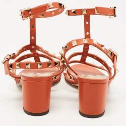 Pre Owned Valentino Orange Leather Rockstud Ankle Strap Sandals Size 36.5