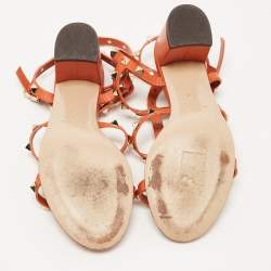 Pre Owned Valentino Orange Leather Rockstud Ankle Strap Sandals Size 36.5