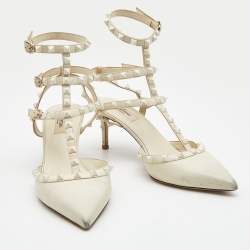 Pre Owned Valentino Cream Leather Rockstud Ankle Strap Pumps Size 40.5