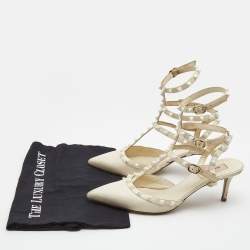 Pre Owned Valentino Cream Leather Rockstud Ankle Strap Pumps Size 40.5