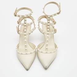 Pre Owned Valentino Cream Leather Rockstud Ankle Strap Pumps Size 40.5