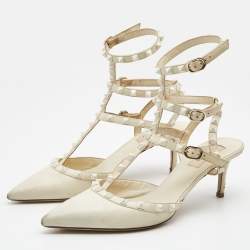 Pre Owned Valentino Cream Leather Rockstud Ankle Strap Pumps Size 40.5