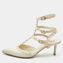 Pre Owned Valentino Cream Leather Rockstud Ankle Strap Pumps Size 40.5