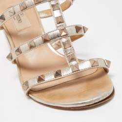 Pre Owned Valentino Gold Leather Rockstud Slide Sandals Size 37