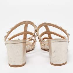 Pre Owned Valentino Gold Leather Rockstud Slide Sandals Size 37